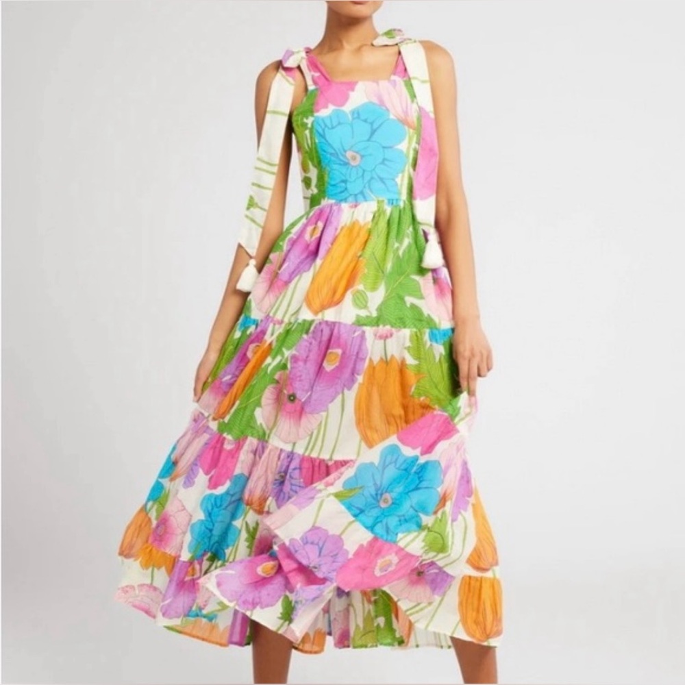 NWT Mille Pink Blue Purple Daphne Tiered Cotton Floral Tie Dress Small